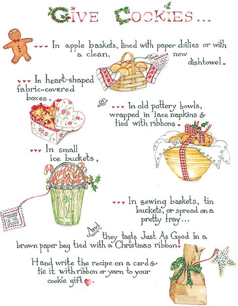 Gingerbread Cookie Recipe Printable, Vintage Christmas Food Illustration, Christmas Cookie Watercolor, Watercolor Cookies Illustration, Christmas Cookie Exchange Invitations, Susan Branch Blog, Fabric Covered Boxes, Branch Art, Old Pottery