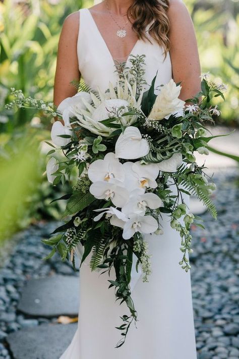 Tropical Lace Wedding Dress, Cascading Tropical Wedding Bouquets, Wedding Seating Chart Tropical, Mexico Wedding Bouquet, Hawaiian Bouquet Wedding, Tropical Floral Installation, White Protea, Brides Accessories, Beach Wedding Bouquet