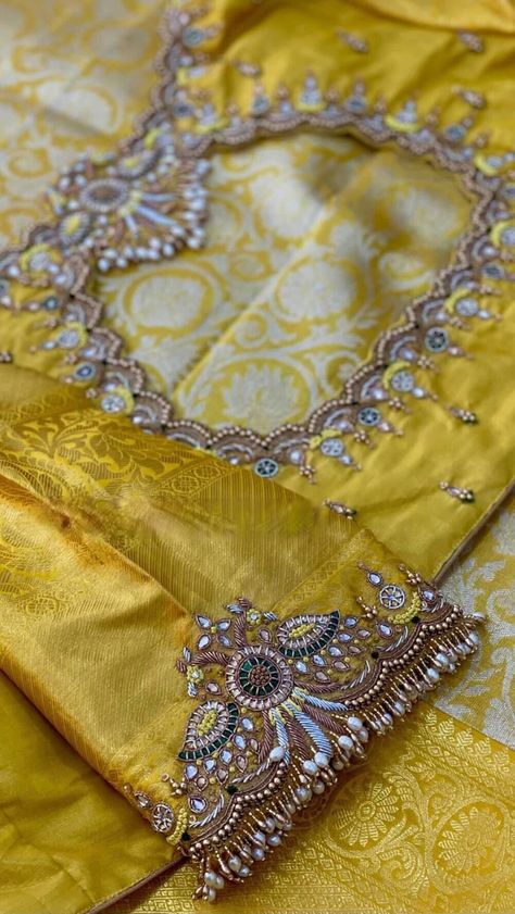 Here Are The Latest Designs For Bridal Blouses With Maggam Work. The Maggam Work With Kundan, Thread And Spring Can Be Customised Along With The Cloth Color You Want To Choose. Having These Kind Of Maggam Work Blouses Is Very Trendy For Traditional Gatherings And Poojas.  This Enhances The Beauty Of Any Saree When This Is Teamed Up With Different Kind Of Maggam Designs. The Combination Of Aari And Zardosi Works Make This Maggam Designs Look Very Elegant And Beautiful. We Customize The Blouse As Per Your Measurements And The Preferred Colours. You Just Have To Share The Saree Colour And We Will Take Care Of Everything. Disclaimer: Colour May Slightly Vary Due To Photography Effects And Screen Resolution. We Do Our Best To Reach Your Expectation As We Understand The Pulse Of Our Customers. New Bridal Maggam Work Designs, Blouse Design Latest Work, Designer Aari Work Blouse, Muhurtha Blouse Design, Handmade Blouse Design, Trendy Maggam Work Designs, Kanchivaram Blouse Designs, Back Blouse Embroidery Design, Silk Saree Bridal Blouse Designs