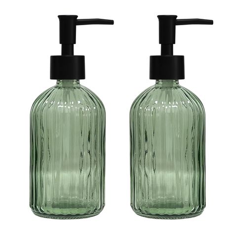 PRICES MAY VARY. Glass Soap Dispenser with Black Pump: Our green glass soap dispenser is made of high-quality lead-free glass, naturally and safely filled with various indoor liquids for daily use. Glass lotion bottle is reusable, refillable, environmentally friendly, and recyclable. High Quality: The soap pump of our liquid soap dispenser is made of high quality plastic, 100% rust-proof, durable and beautiful, and the right amount of soap can be discharged with one button, without messy overflo Bathroom Soap Dispenser Shelf, Rustic Soap Dispenser, Eucalyptus In Bathroom Decor, Green Glass Soap Dispenser, Hand Soap Dispenser Kitchen, Greenery Bathroom Decor, Bathroom Soap Dispenser Ideas, Kitchen Soap Dispenser Ideas, Glass Soap Dispenser Bathroom