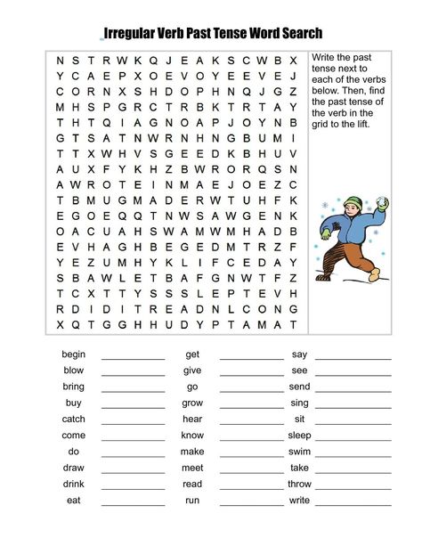 Irregular Verb Past Tense Word Search Write the past tense next to each of the verbs below. Then, find the past tense of the verb in the grid to the lift. begin get say blow give see bring go send buy grow sing catch hear sit come know... Simple Past Tense Worksheet, Verb Words, Irregular Past Tense Verbs, Irregular Past Tense, Regular And Irregular Verbs, Simple Past Tense, Verb Worksheets, English Grammar Worksheets, English Worksheets For Kids