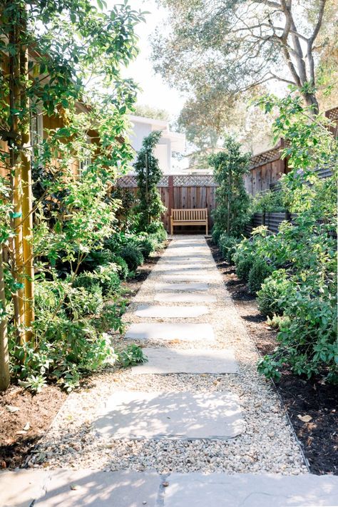 Gravel Path To Front Door, Gravel Path With Brick Edging, Limestone Garden Path, Country Pathways Walkways, Narrow Garden Path, Patio With Gravel Border, Path To Backyard Gate, Cobblestone And Pea Gravel, Pea Gravel Pavers