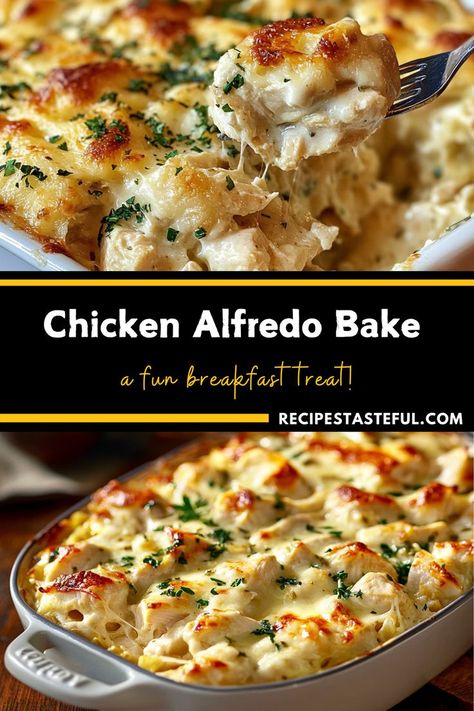 Enjoy this comforting Chicken Alfredo Bake, where tender chicken and pasta are enveloped in a rich Alfredo sauce! Topped with gooey mozzarella and baked to perfection, this creamy dish is a family favorite that’s sure to please everyone at the table! Alfredo Pasta Bake, Baked Chicken Alfredo Pasta, Alfredo Bake, Chicken And Pasta, Chicken Alfredo Bake, Pasta Recipes Alfredo, Chicken Alfredo Recipes, Chicken Alfredo Pasta, Baked Pasta Recipes