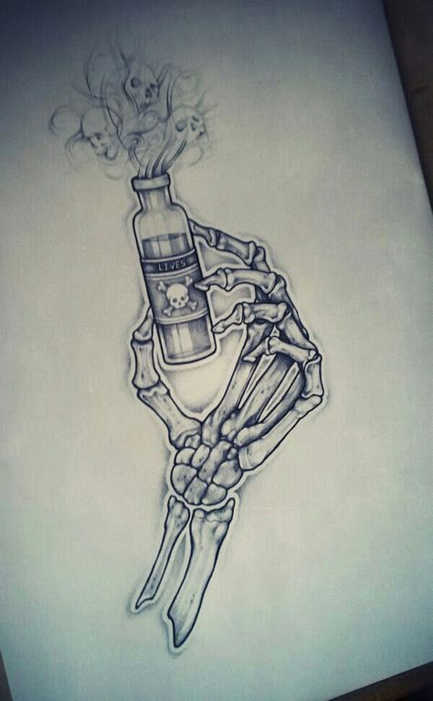 Bottle Tattoo, Art Minimaliste, Design Tattoo, Skull Tattoos, Flash Art, Hand Holding, Arte Horror, Skull Art, Tattoo Sketches