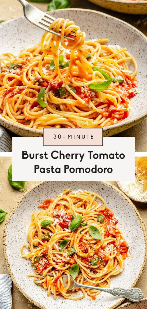 Simple and delicious pasta pomodoro made in just 30 minutes with burst cherry tomatoes, garlic, and fresh basil. This easy pasta pomodoro recipe makes a wonderful weeknight meal the whole family will love! Fresh Tomato Pasta Recipes, Pasta Pomodoro Recipe, Burst Cherry Tomatoes, Pomodoro Recipe, Fresh Tomato Pasta, Pasta Pomodoro, Tomato Pasta Recipe, Cherry Tomato Recipes, Cherry Tomato Sauce