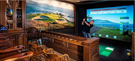 Man Cave Ideas Cheap, Golf Man Cave, Simulator Room, Best Man Caves, Boat Bar, Golf Simulator Room, Golf Room, Man Garage, Music Studios