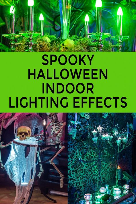 Diy Halloween Bottles, Halloween Lights Diy, Halloween Scene Setters, Halloween Haunted House Diy, Mad Scientist Halloween, Indoor Halloween Decor, Halloween Lighting, Party Lights Indoor, Halloween Haunted House Decorations