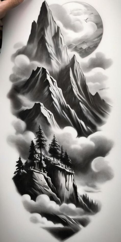 Landscape Tattoos, Wilderness Tattoo, Berg Tattoo, Temple Tattoo, Shadow Tattoo, See Tattoo, Mountain Tattoo Design, Forest Tattoos, Landscape Tattoo