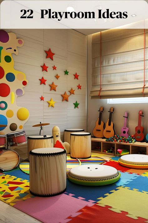 Create a music and dance corner where kids can explore rhythm, movement, and creativity. Provide musical instruments like drums, xylophones, and shakers, Stage In Playroom, Music Playroom, Playroom Ideas For Kids, Creative Playroom Ideas, Kids Music Room, Green Playroom, Creative Playroom, Family Room Playroom, Kid Playroom