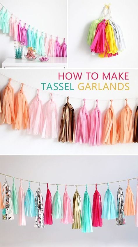 These tassel fringe are so fun for colorful party decor - a  party must.  How to Make Your Own Tassel Garlands Diy Tassel Garland, Hantverk Diy, Diy Step, Diy Crafts For Teens, Party Girlande, How To Make Tassels, Diy Room Decor For Teens, Garland Diy, Diy Bebe