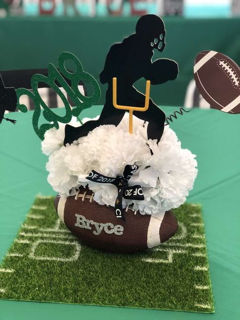 Centerpieces Football Theme, Graduation Party Ideas For Athletes, Goal Posts Football, Football Senior Table Ideas, Football Vase Centerpiece, Graduation Football Centerpieces, Football Birthday Centerpieces, Sports Theme Graduation Party, Football Theme Graduation Party Ideas