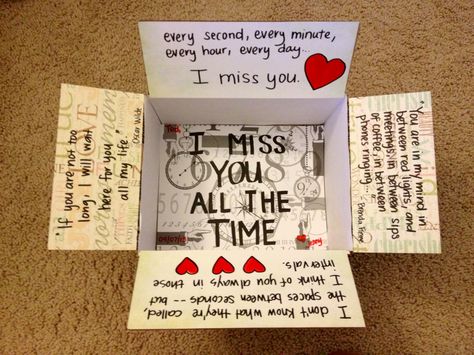 "I miss you all the time" care package for Ted! Deployment care package Romantic Care Package For Him, Care Package Notes Ideas, Care Package For Girlfriend, Deployment Care Package Ideas, Military Boyfriend, Deployment Packages, Diy Care Package, Deployment Care Packages, Military Care Package