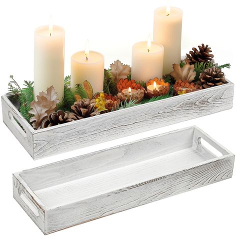 PRICES MAY VARY. 2 Sizes: You will get 2 wooden trays and 8 anti-slip silicone tabs; The larger rectangular tray measures 16” L x 6” W x 2.25” H; The small decorative tray measures 15.25” L x 5” W x 2” H; Wood thickness: 0.25inches/0.8cm Centerpiece Décor: Our whitewashed wood tray will add a nice rustic touch to any space; Great to use as a decorative centerpiece with candles, flowers, plants, and other home decor on the dining table, coffee table, kitchen island, vanity, mantle, ottoman or cou Wooden Trays Ideas, Dining Room Table Christmas Decor, Tray Centerpiece Ideas, Christmas Tray Decor Ideas, Wood Tray Centerpiece, Wood Tray Decor, Rectangle Farmhouse, Fall Dining Room Table Decor, Shadow Box Coffee Table