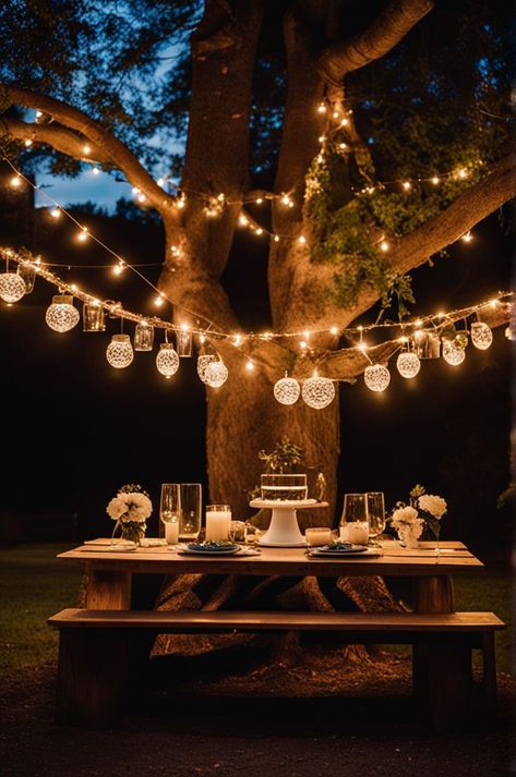 Transform your backyard into a magical birthday celebration with twinkling lights and rustic charm. Create an intimate atmosphere with a beautifully set table under an ancient tree, adorned with warm string lights and elegant lanterns. Perfect for a serene evening, this setting combines nature's beauty with cozy vibes. #BirthdayMagic #BackyardParty #FestiveLights #RusticCharm #EveningElegance #OutdoorCelebration #PartyPlanning Twinkle Lights Backyard, Lights Backyard, Birthday Setup, Magical Birthday, Enchanted Evening, Set Table, Ancient Tree, Twinkling Lights, Cozy Vibes