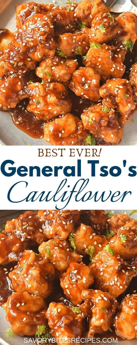 Try this easy and best vegan General Tso's Cauliflower recipe with crispy fried cauliflower tossed in sweet and spicy general tso sauce which makes this dish so delish that you will keep asking for more!   #savorybitesrecipes #vegan #generaltsocauliflower #easyrecipe #appetizer #chinesefood #takeout #restaurantstyle #cauliflower General Tso's Cauliflower, General Tso Sauce, Cauliflower Dishes, General Tso, Cauliflower Recipe, Fried Cauliflower, Veggie Side Dishes, Cauliflower Recipes, Vegan Dinner Recipes