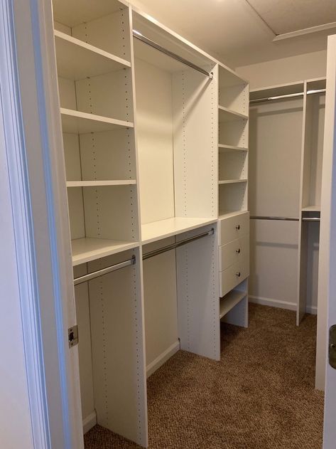 Narrow Closet Ideas, Long Narrow Closet, Narrow Closet Organization, Narrow Walk In Closet, Closet Inserts, Closet Shelving Ideas, Narrow Closet Design, Walk In Closet Dimensions, Narrow Closet