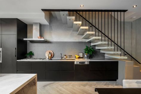 Kitchen Near Stairs, Kitchen With Stairs, Kitchen Under Stairs, Staircase Contemporary, Space Saving Staircase, Modern Kitchen Open, Stairs In Kitchen, Small Staircase, Contemporary Staircase