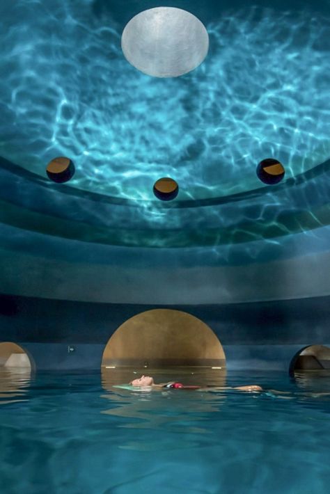 Byzantine domes inspired by the architecture of Istanbul's iconic Hagia Sophia church surround the impressive sphere pool at Healing Hotel, Euphoria Retreat, a Holistic Wellbeing Destination Spa in Greece. 💙 Surrender to the playfulness and relaxation of the hydrotherapy stations... #Healinghotel #Travel #Hotel #TravelToHeal #Wellness #Greece #Retreat #Retreats #HotelDesign #PoolGoals #Hydrotherapy Hydrotherapy Spa Design, Health Retreat Design, Healing Architecture Concept, Luxury Wellness Retreat, Healing Spaces Interior, Wellness Centre Design, Underground Spa, Sphere Architecture, Holistic Architecture