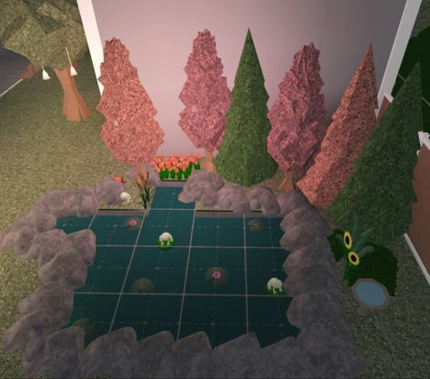 Aesthetic pond for 4k! Roblox Bloxburg Front Yard Ideas, Pond Bloxburg, Bloxburg Pond Ideas, Aesthetic Pond, Bloxburg Builds, Pond Landscaping, Roblox Roblox, Cool Tools, House Front