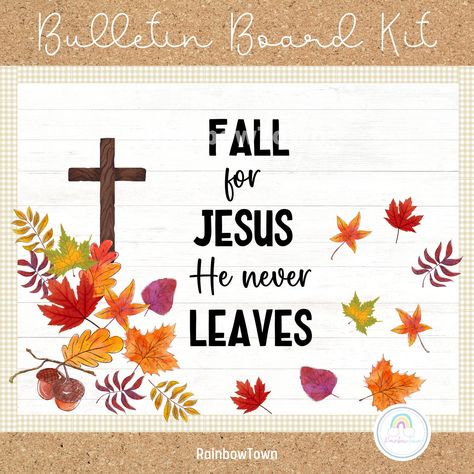 Fall for Jesus He Never Leaves Christian Bulletin Board Set  What's included : > Board banner > Board border > Board decor (2 Sizes) > PDF format file > 2 saying options  Instructions for use : > Easy print on 8.5" x 11" (US Letter) or A4 > Colors may vary depending on the devices and printers Fall Christian Door Decorations, Fall In Love With Jesus Bulletin Board, Fall Bulletin Board Ideas For Church, Fall Church Bulletin Boards Autumn, Fall For Jesus He Never Leaves, Fall Christian Bulletin Boards, Christian Fall Bulletin Board Ideas, Church Bulletin Board Ideas, Fall Sunday School Bulletin Boards