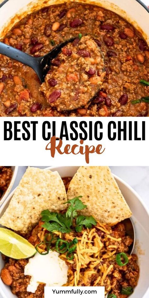 If classic chili con carne tastes like comfort for you, this recipe will blow your mind. This hearty bowl of goodness is made with perfectly cooked ground beef, a mix of kidney and pinto beans, and two secret ingredients: ground cinnamon and masa harina. With a robust spice mix of cumin, coriander, chili powder, and oregano, I guarantee it is the best chili you have ever tasted! The Best Classic Chili, Classic Chili Recipe, The Best Chili, Ground Beef Chili, Classic Chili, Best Chili, Best Chili Recipe, Chilli Recipes, Chili Recipe Easy