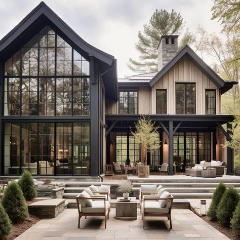 Whether you're curled up by the fireplace with a good book or entertaining guests in the expansive dining area, every corner of this wood and glass sanctuary invites you to slow down, unwind, and reconnect with the beauty of the natural world.

#ModernLiving #NatureInspired #WoodAndGlass #ContemporaryDesign #SerenitySpace #LightFilledHome #NaturalElegance #RusticCharm Barndominium Guest House Ideas, Barndominium Lake House Ideas, Modern Mountain Farmhouse, Wood Exterior House, Mountain Modern Home Exterior, Hemp House, Contemporary Fireplaces, Retreat Design, Modern Glass House