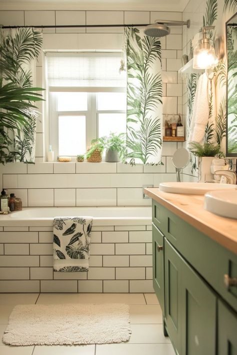 Bring nature into your bathroom with an urban jungle makeover. Add plenty of moisture-loving plants like ferns, snake plants, and pothos to create a fresh, relaxing environment. Use natural materials like wood, bamboo, and stone to complement the greenery and create a spa-like feel. 🪴🌿 Rainforest Inspired Bathroom, Jungle Bathroom Theme, Forest Themed Bathroom, Foliage Bathroom, Jungle Theme Bathroom, Nature Bathroom Ideas, Tropical Bathroom Design, Using Peel And Stick Wallpaper, Maximalist Bathroom