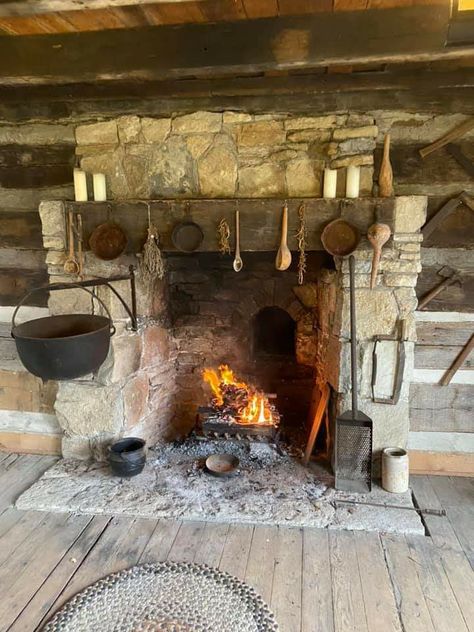 Witch Cottage Fireplace, Indoor Cooking Fireplace, Medieval Interior Design Modern, 18th Century Fireplace, Pioneer House Interior, Viking Fireplace, Witches Fireplace, Homestead Fireplace, Wood Stove In Fireplace