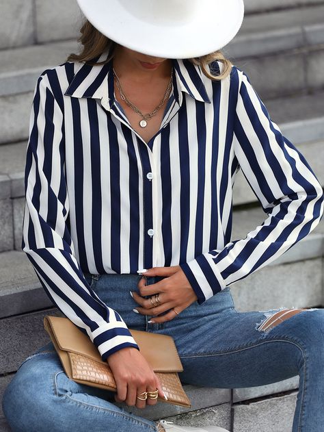 Satin Striped Shirt Outfit, Navy Blue And White Striped Shirt Outfit, Navy Striped Shirt Outfit, White And Blue Striped Shirt Outfit, White Striped Shirt Outfit, Blue Striped Shirt Outfit, Outfits With Striped Shirts, Vertical Striped Shirt, Navy Striped Shirt