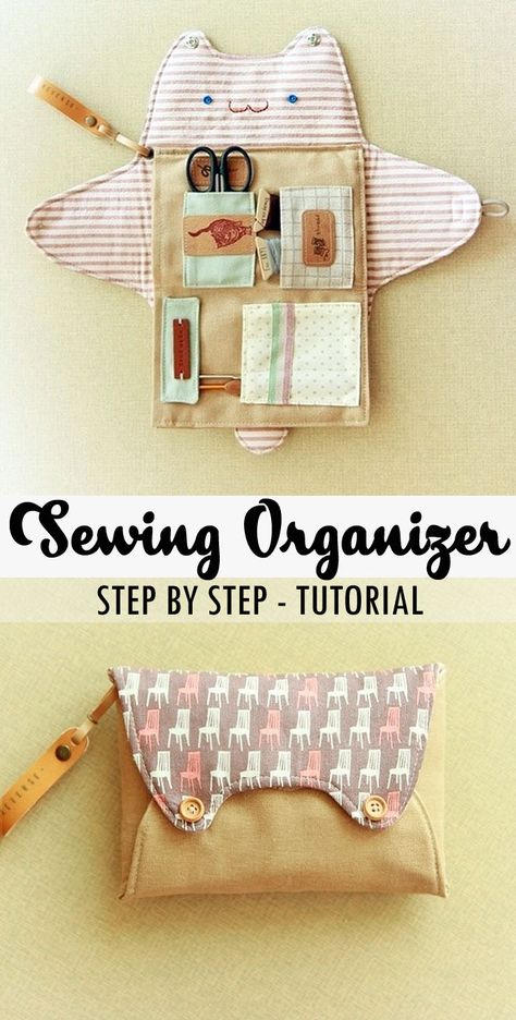 Sewing Organizer Bag Tutorial Organizer Bag Pattern, Bag Organizer Sewing Pattern, Easy Accessories Diy, Sewing Patterns Beginner Easy Projects, Cat Pouch Diy, Diy Sewing Bag Organizer, Cat Purse Diy, Diy Bag Accessories Crafts, Diy Cute Pouch