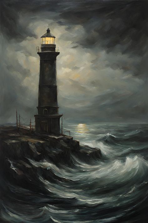 Dark Lighthouse Aesthetic, Stormy Lighthouse Painting, Lighthouse In The Dark, Nautical Gothic Aesthetic, Lighthouse Aesthetic Dark, Gothic Lighthouse, Creepy Lighthouse, Dark Sea Painting, Dark Ocean Painting