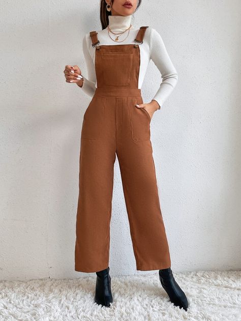 Brown Casual  Sleeveless Corduroy Plain Overall  Non-Stretch Spring/Fall Women Jumpsuits & Bodysuits Business Overalls, Brown Jumpsuit Outfit, Winter Jumpsuit Outfit, Jumpsuit Outfit Fall, Women Jumpsuit Outfits, Fall Overalls, Collage Outfit, Cloth Craft, Jumpsuit Outfit Casual