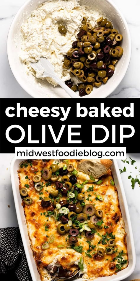 This cheesy olive dip comes together in just 30 minutes and is loaded with salty, briny olive flavors that your guests will love! This creamy, crowd-pleasing appetizer can be made up to 5 days in advance so it's the perfect make-ahead dip for your next get-together! Baked Olive Dip Recipe, Cheesy Baked Olive Dip, Best Appetizer Ever, Best Crowd Pleasing Appetizers, Olive Cheese Dip Recipe, Appetizer With Olives, Olive Salad Dip, Dip Trio Appetizer, Olive Appetizers For Party