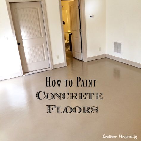 How To Paint a Concrete Floor - Southern Hospitality Painting Floors Concrete, Painting Interior Concrete Floors, Painting Cement Basement Floors, Sealed Concrete Basement Floor, Basement Cement Floor Ideas Paint Concrete, Cement Floor Paint Ideas, Finished Cement Floors, How To Paint A Concrete Floor, Painted Concrete Bedroom Floor