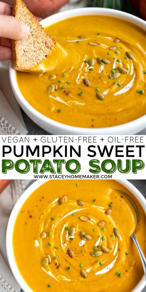 Pumpkin Sweet Potato Soup, Pumpkin Sweet Potato, Soup Pumpkin, Pumpkin Recipes Dinner, Puree Recipes, Vegan Pumpkin Soup, Pumpkin Puree Recipes, Sweet Potato Soup Recipes, Pumpkin Recipes Healthy