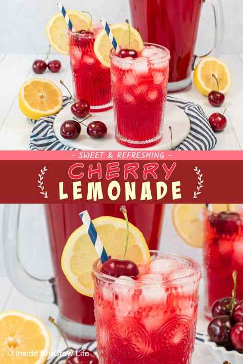 Don't let the summer sun slow you down! Enjoy a cool & refreshing cherry lemonade made from freshly squeezed lemons and juicy cherries. This sweet and tart drink is perfect for all your outdoor activities - lounging by the pool, having picnics with friends, or just enjoying the sunshine. Cherry Lemonade Recipe, Refresher Drinks, Picnics With Friends, Vodka Sunrise, Cherry Drink, Girly Drinks, Sweet Tea Recipes, Cherry Lemonade, Iced Drinks Recipes