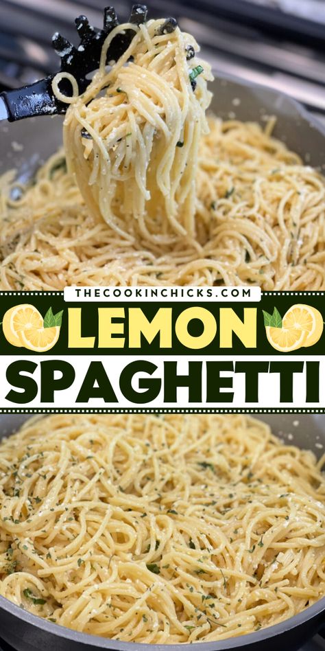 Looking for springtime dinner recipes? This Lemon Spaghetti recipe is just the thing for you! It's an easy spring dinner bursting with refreshing, light flavor that's ready to enjoy in under 20 minutes. Bust out this easy lemon pasta on a busy weeknight! Spaghetti Dinner Ideas, Easy Lemon Pasta, Macaroni Dishes, Easy Pasta Recipe, The Cookin Chicks, Weeknight Dinner Recipes, Lemon Spaghetti, Delicious Chicken Dinners, Chicke Recipes