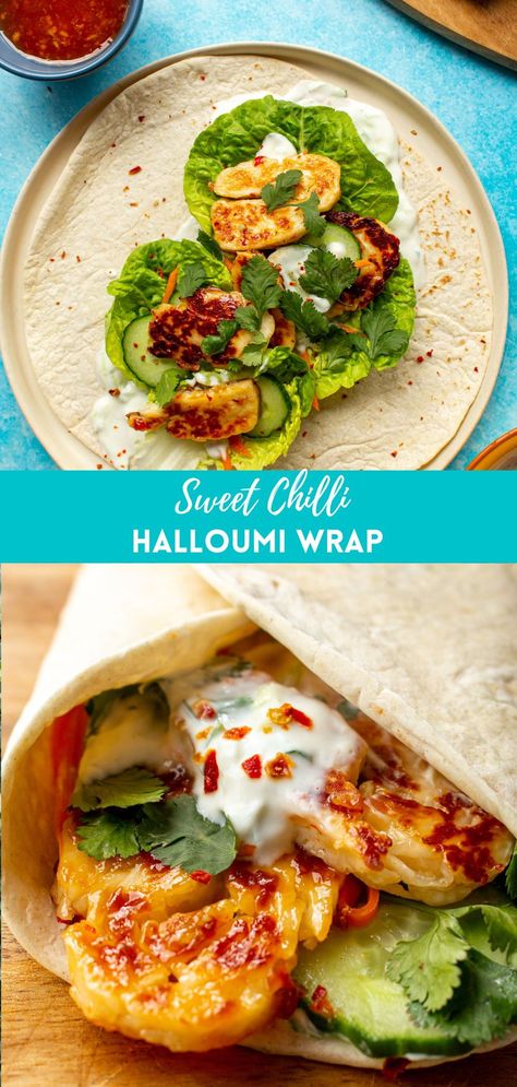 This is an amazing quick vegetarian lunch idea. This halloumi wrap recipe is infused with sweet chilli and takes less than 15 minutes to make! It's a quick and refreshing dish! Sweet Chilli Halloumi Wrap, Vegetarian Quick Recipes, Hallumi Recipes Wraps, Vegetarian Quick Lunch Ideas, Halumi Cheese Wrap, Halloumi Lunch Ideas, Vege Wrap Ideas, Vegetarian Halloumi Recipes, Hallumi Recipes Sandwich