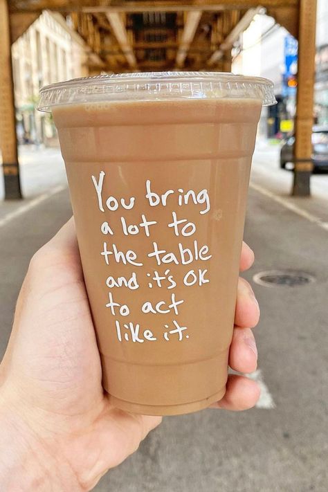 Iced coffee cup with quote @case.kenny on Instagram Motivational quote inspiration Chicago Coffee Cups With Quotes, Coffee Cup Quotes Inspiration, Iced Coffee Quotes Instagram, Iced Coffee Sayings, Case Kenny Quotes, Ice Coffee Quotes, Instagram Motivation Posts, Coffee Inspiration Quotes, Coffee Aesthetic Quotes