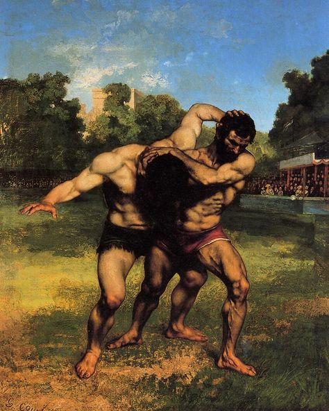 The Wrestlers  by Gustave Courbet (ARC) Gustave Courbet, Rennaissance Art, Realism Art, Arte Popular, Wonderful Images, Male Art, Museum Of Fine Arts, Picture Library, Vintage Tin