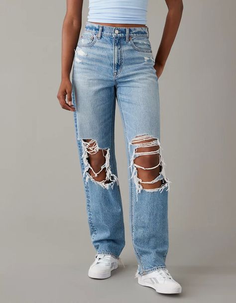 AE Strigid Ripped Highest Waist Baggy Straight Jean Baggy Ripped Jeans, Cute Ripped Jeans, Fest Outfits, Trendy Outfits For Teens, Summer Jeans, Cute Preppy Outfits, Cute Jeans, Cute Everyday Outfits, Really Cute Outfits