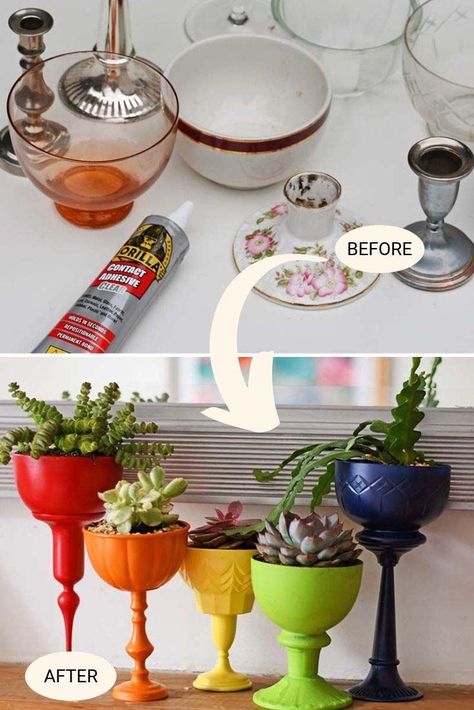 Candlestick Holders Repurpose, Succulent Diy Planters, Recycle Furniture, Navy House, Planters For Succulents, Repurposed Planter, Butik Design, Colorful Farmhouse, Recycled Decor