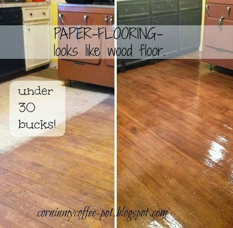 Faux Wood Flooring - Brown kraft paper, glue & polyurethane. Brown Paper Flooring, Brown Paper Bag Floor, Paper Flooring, Paper Bag Flooring, Faux Wood Flooring, Diy Wood Floors, Floor Makeover, Wood Plank Flooring, Dining Room Floor