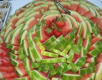 Great way to display watermelon.    Easy Fruit Tray Ideas for Parties | eHow.com Watermelon Platter, Fruit Tray Ideas, Food Display Table, Party Fruit, Lake Party, Fruit Skewers, Health Fair, Fruit Displays, Fruit Kabobs