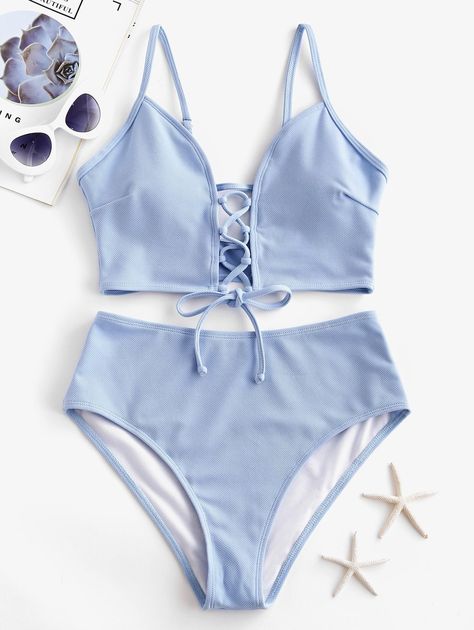 ZAFUL Textured Lace-up Tankini Swimsuit  GREENISH BLUE LIGHT SKY BLUE , #Ad, #Lace, #Tankini, #ZAFUL, #Textured, #Swimsuit #Ad Tankini Swimsuit, 1 Piece Swimsuit, Tankini Set, Swimsuits High Waisted, Cute Bikinis, Womens Bathing Suits, Tankini Swimsuits, Swimwear Fashion, Womens Swimwear