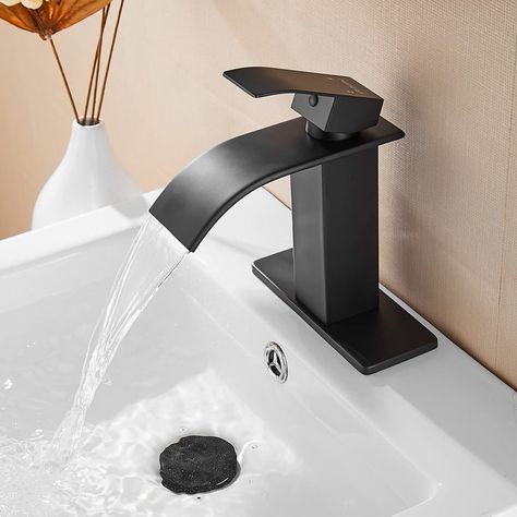 Stainless Steel Bathroom Sink, Bathroom Faucets Black, Bathroom Faucets Waterfall, Black Faucet, Single Handle Bathroom Faucet, Waterfall Faucet, Plumbing Bathroom, Single Hole Bathroom Faucet, Single Hole Faucet