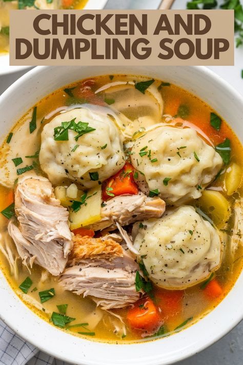 Bowl of chicken and dumpling soup with vegetables and herbs. Chicken Stew Dumplings, Chicken Stew Dumplings Recipe, Chicken Soup And Dumplings, Homemade Soup Dumplings Recipe, Chicken Wings Soup, Dumplings For Chicken Soup, Chicken And Dumpling Soup Recipes, Soup Dumplings Easy, Best Chicken Dumpling Soup