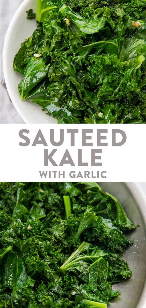 This sauteed kale is made with butter and garlic for an irresistible but super healthy side dish! It's our favorite way to eat kale, and it's made in five minutes. Plus, it's super easy to make vegan, paleo, or Whole30, and a great way to get your leafy greens. #kale #sidedish #vegan #paleo #whole30 Kale Side Dish, Easy Kale Recipes, Cooked Kale, Roasted Eggplant Pasta, How To Cook Kale, Pepper Salad, Sauteed Kale, Couple Cooking, Vegetarian Cookbook