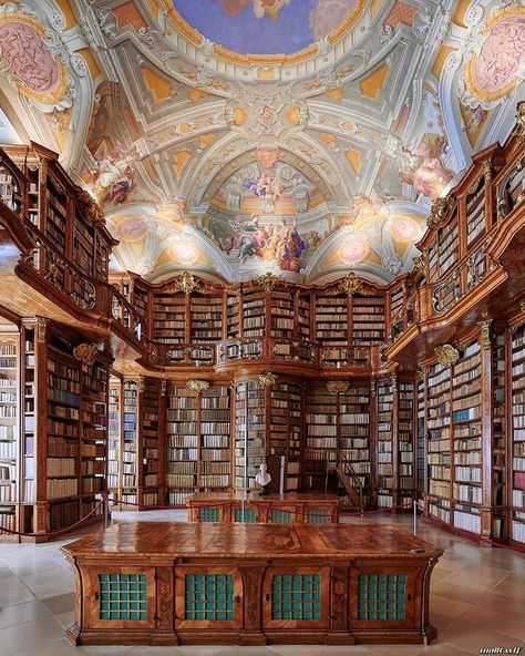 Maik WTF on Instagram: “Happy weekend 🧡 🔹 The Augustinian Canons' Monastery of St. Florian sees itself as a place of encounter and devotion. The monastery is…” Ceiling Fresco, Wooden Bookshelves, St Florian, Dream Mansion, Happy Weekend, The Library, 18th Century, Fresco, Bookshelves