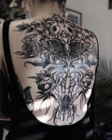 Victorian Back Tattoo, Concept Back Tattoo, Black And Grey Back Piece Tattoo, Full Backpiece Tattoo For Women, Pagan Back Tattoo, Stomach Tattoo Cover Up, Goth Back Tattoo Women, Illustrative Back Tattoo, Dark Feminine Tattoos Back